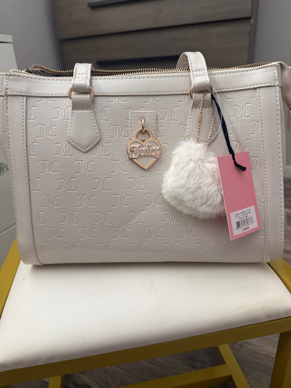 Juicy Couture Cream Embossed Satchel with Gold Heart Charm